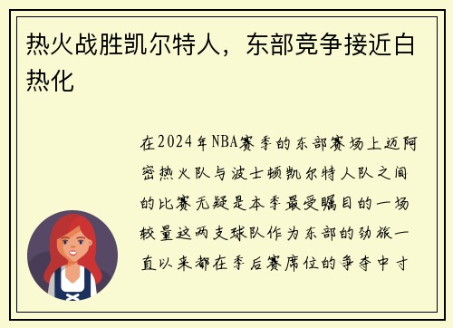 热火战胜凯尔特人，东部竞争接近白热化